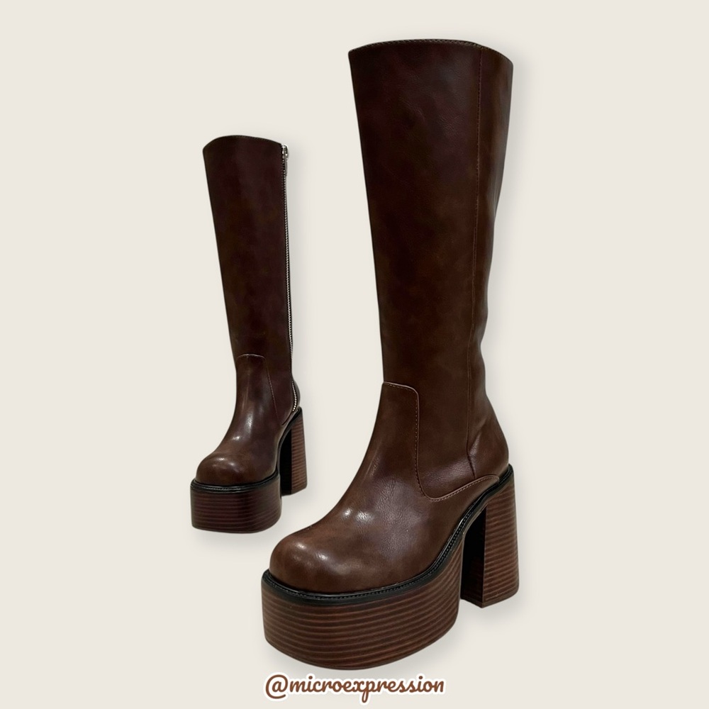Free People Chunky Bratz Doll Chocolate Brown Leather Knee-High Platform Boots - Picture 10 of 16